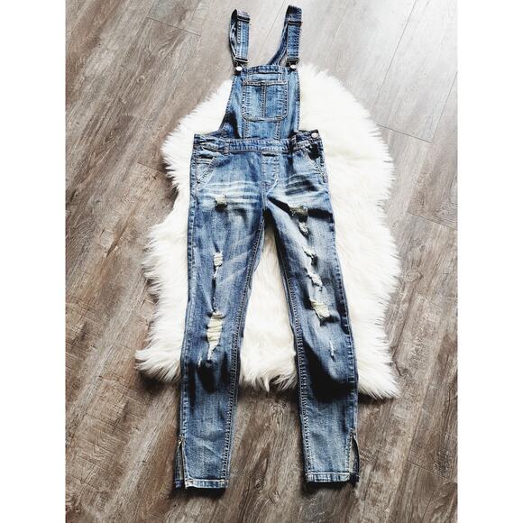 EUC Dollhouse Blizzard Blue Distressed Denim Overalls - Size 7 - Picture 4 of 11